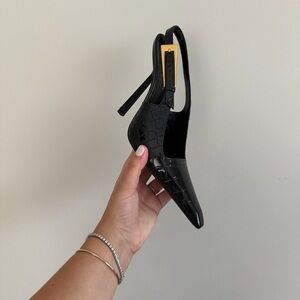 Saint Laurent Black Croc-Embossed Slingback Heels